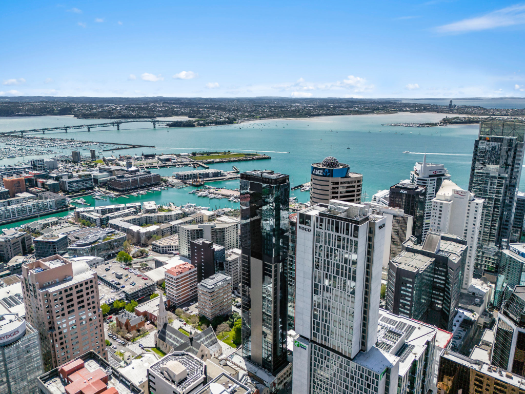 Aerial view of the buildings along Albert Street with the Viaduct and harbour in the background